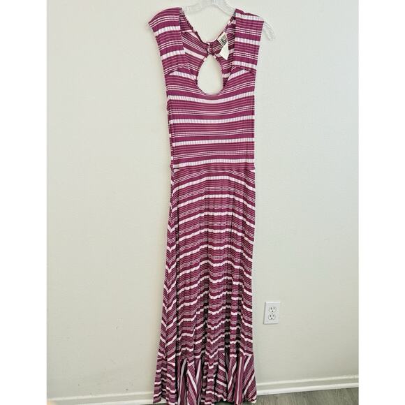 Free People Maxi Dress Medium Striped Pink Stetch Open Back Tiered Boho Festival - Picture 4 of 10